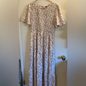 white floral print smocked bodice maxi dress